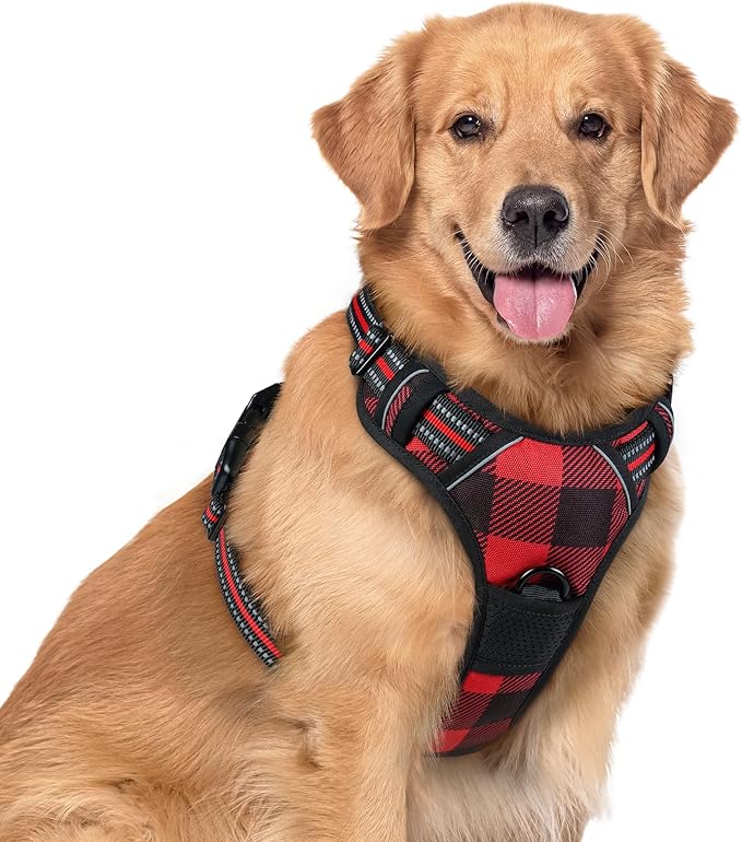 rabbitgoo Dog Harness for Large Dogs No Pull, Comfortable Padded Plaid Dog Harness with Handle Easy Control, Adjustable Reflective Puppy Pet Harness Vest with 2 Leash Clips, Red Plaid, XL