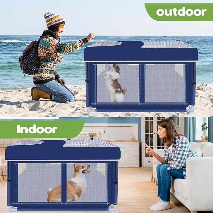 Dog Playpen with Cover, 42x42x25.6 Inches Foldable Portable Soft Puppy Playpen with Gate, Thickened Fabric Mesh Dog Fence with High-Strength Nylon Wire Mesh, Indoor Outdoor Breathable Exercise Cage