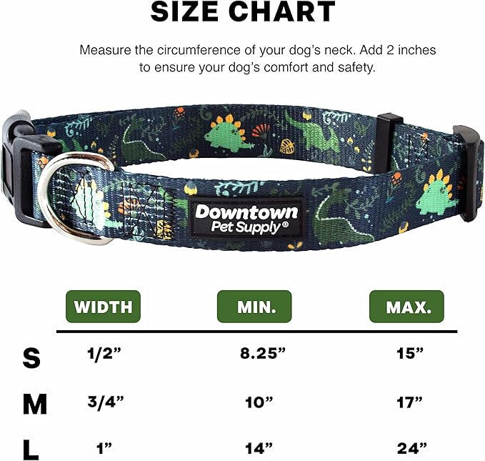 Downtown Pet Supply - Best, Cute & Fancy Dog Collar - Lightweight Adjustable Dog Collar with Quick Buckle & D-Ring - Hand Wash Safe - Dino - M - Medium Dog Collar