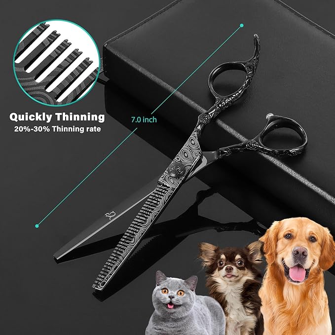 Dog Grooming Scissors,Black with Safety Round Tips,5 in 1 Curved Dog Scissors for Grooming,Professional Pet Grooming Shears Set for Dogs and Cats