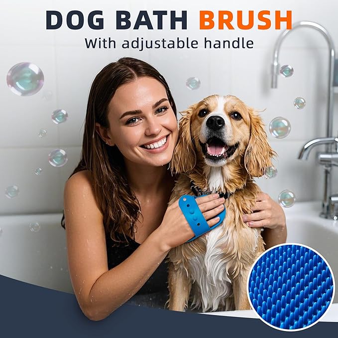 4PCS Dog Bath Brush | Scrubber for Bath | Shampoo Brush | Toothbrush | Finger Toothbrush | Dog Shower/Washing Brush with Adjustable Ring Handle - Pet Bath Supplies (Blue Green)