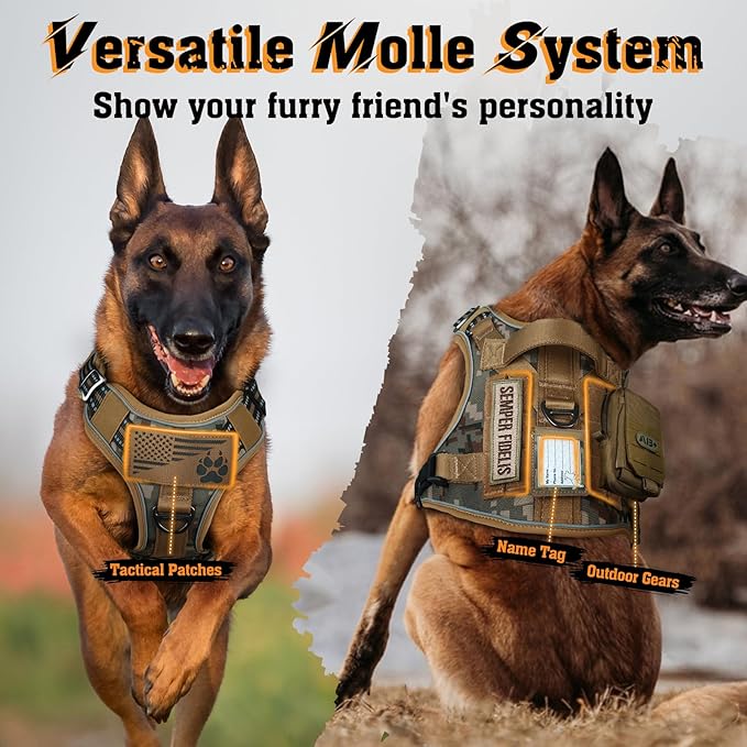 rabbitgoo Dog Harness Medium Sized No Pull, Tactical Service Dog Vest with Molle and Control Handle, Adjustable and Reflective Military Pet Harness for Easy Walking and Training, Desert camo, M