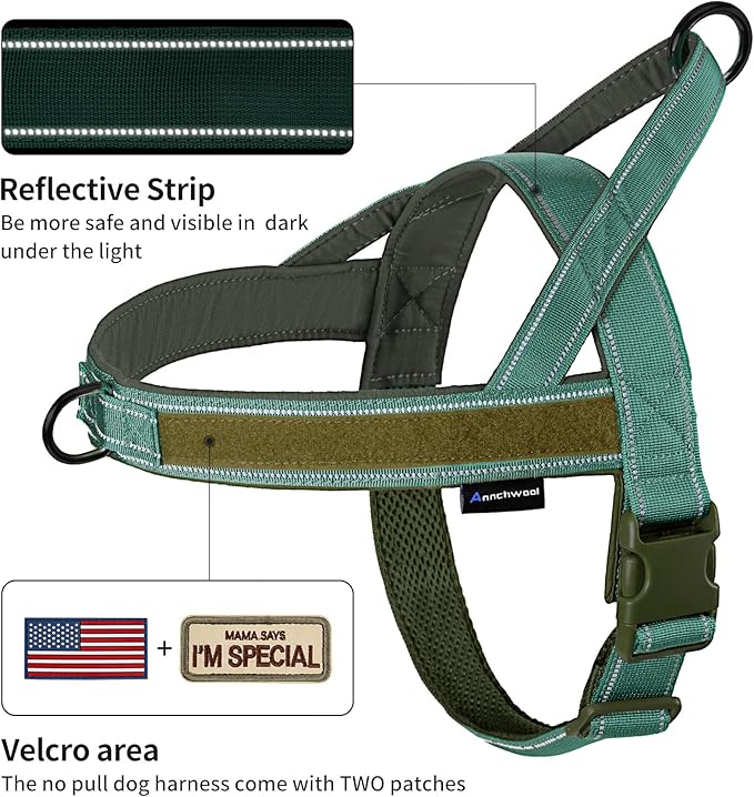 Annchwool No Pull Dog Harness with Soft Padded Handle,Reflective Strip Escape Proof and Quick Fit to Adjust Dog Harness,Easy for Training Walking for Small & Medium and Large Dog(Green,L)