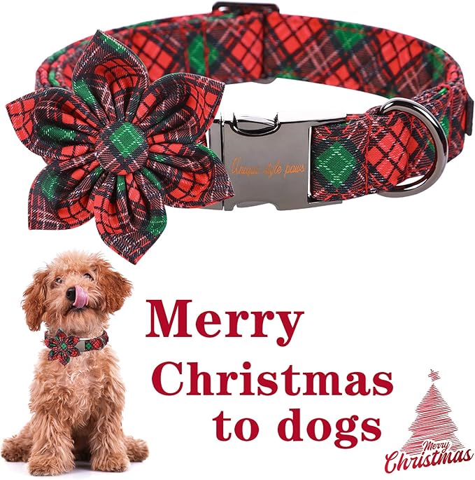 Unique style paws Christmas Dog Collar with Flower Tie Red Green Plaid Adjustable Cotton Puppy Collar for Small Medium Large Dogs-S