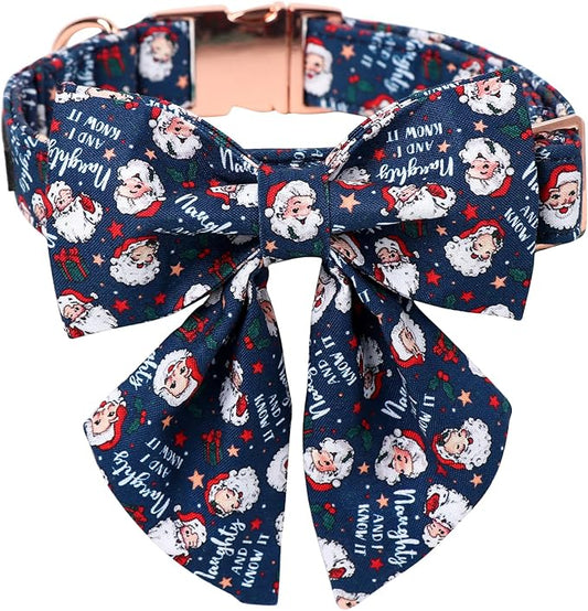 Maca Bates Christmas Santa Dog Collar with Bow Bowtie for Dogs Sailor Bow Tie Adjustable Breakaway Blue Collars Accessories Gift for Small Medium Large XL Puppy with Golden Metal Buckle