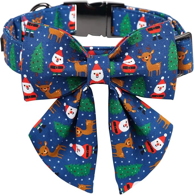 Maca Bates Christmas Elk Dog Collar with Bow Bowtie for Dogs Sailor Bow Tie Adjustable Breakaway Blue Collars Accessories Gift for Small Medium Large XL Puppy with Golden Metal Buckle