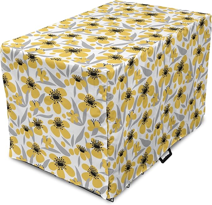 Ambesonne Floral Dog Crate Cover, Minimalistic Graphic Drawing of Yellow Flowers Pattern, Easy to Use Pet Kennel Cover for Medium Large Dogs, 42 Inch, Pale Taupe Charcoal Grey