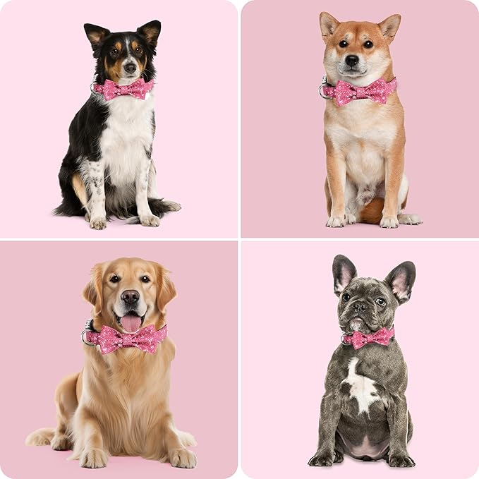 Dog Collar with Bow for Small Medium Large Dogs, Cute Bling Dog Bow Tie Collar with Metal Buckle, Soft & Durable for Small Dogs Walking (Dark Pink, S)