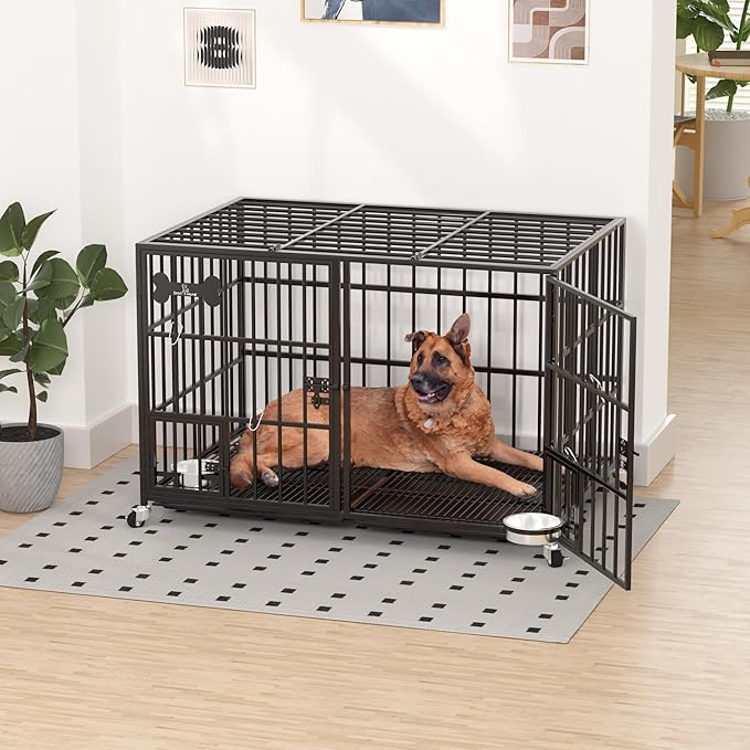 Dosker 42 inch Heavy Duty Metal Dog Crate Cage with Divider for 2 Dogs/Large Dog,All Metal Open Top Escape Proof Cage,Dog Kennel Indoor with Wheels,Floor Grid,Tray,Feeding Bowl