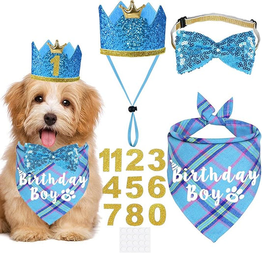 Dog Birthday Party Supplies, Multi Sizes Dog Birthday Hat Crown with Numbers Bandana Boy Bow Tie for Small Dogs Pets (Light Blue, Small)