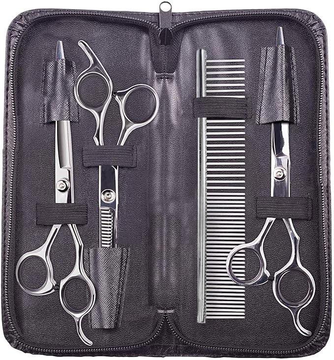 Dog Grooming Scissors,Pet Grooming Scissors with Thinning,Straight,Curved Down Shears great for Groomers,Home Grooming and Groomer Beginners (Scissors Kit with Tapered Tips)