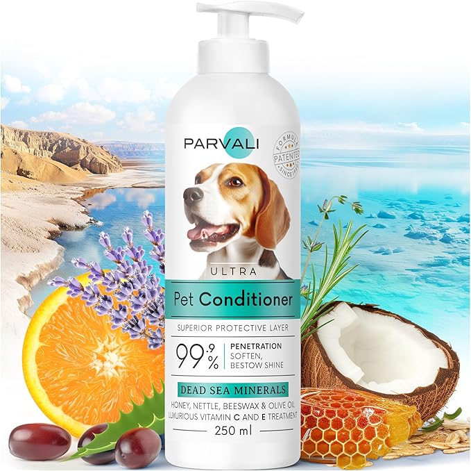 Natural Dead Sea Classic Dog Conditioner (250 ml, 8.45 fl oz). Softens and Penetrates Hair, All Breeds Anti-Dryness Protection. Fortified with Honey, Nettle, Beeswax, and Olive Oil. Enjoy!