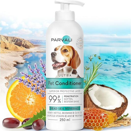 Natural Dead Sea Classic Dog Conditioner (250 ml, 8.45 fl oz). Softens and Penetrates Hair, All Breeds Anti-Dryness Protection. Fortified with Honey, Nettle, Beeswax, and Olive Oil. Enjoy!