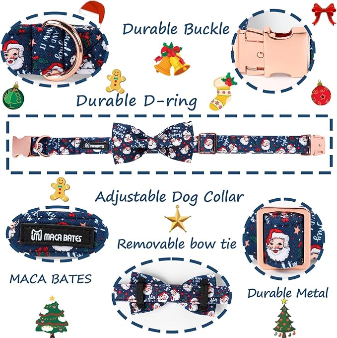 Maca Bates Christmas Dog Collar Cotton Soft Santa Claus Dog Collar with Bow with Metal Buckle Christmas Dog Bow Tie Adjustable for Small Medium Large Dog