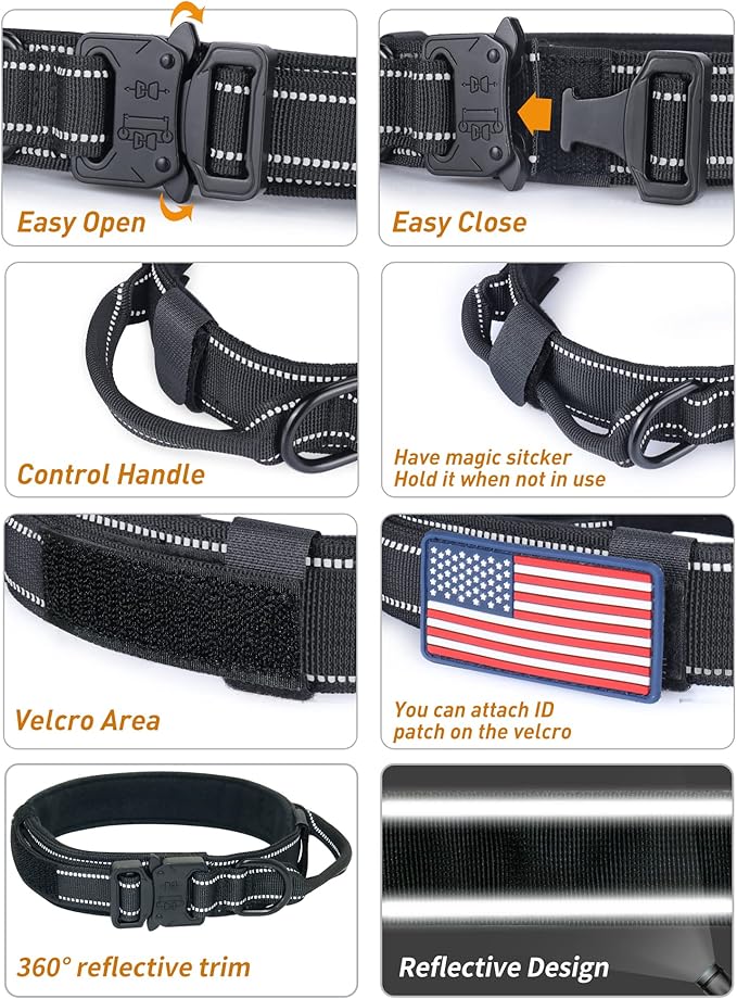 Tactical Dog Collar - AUBELL Adjustable Military Training Nylon Reflective Dog Collar with Handle and Heavy Duty Metal Buckle for Medium Large Dogs, with Airtag Holder and 2 Patches(Black, M)