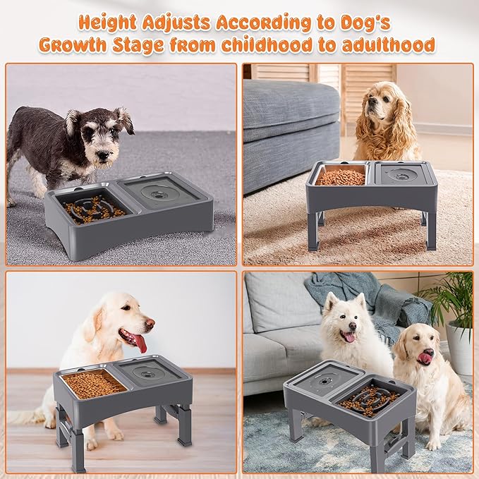 Decflow 3-in-1 Elevated Dog Bowls, 4 Height Adjustable Raised Dog Bowls with Stainless Steel Dog Food Bowls, Slow Feeder, No Spill Water Bowl, DIY Stickers Foldable Pet Bowl for Medium Large Dogs