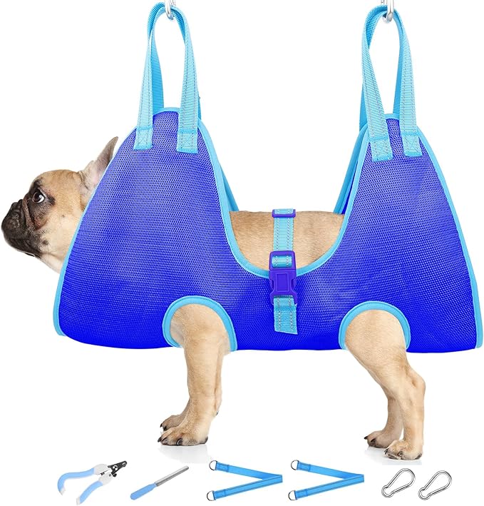 Dog Grooming Hammock - Dog Hanging Harness Holder, Cat Hanger Sling Restraint Bag for Nail Trimming/Clipping with Nail Clipper& Nail File (S, Blue)