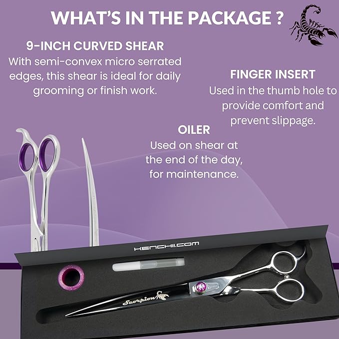 Kenchii Scorpion 9 Inch, Curved Grooming Scissors for Dogs and Pets - Premium Steel Scissors for Dog Grooming - Dog Shears Pet Grooming Accessories - Pet Hair Trimming Scissor