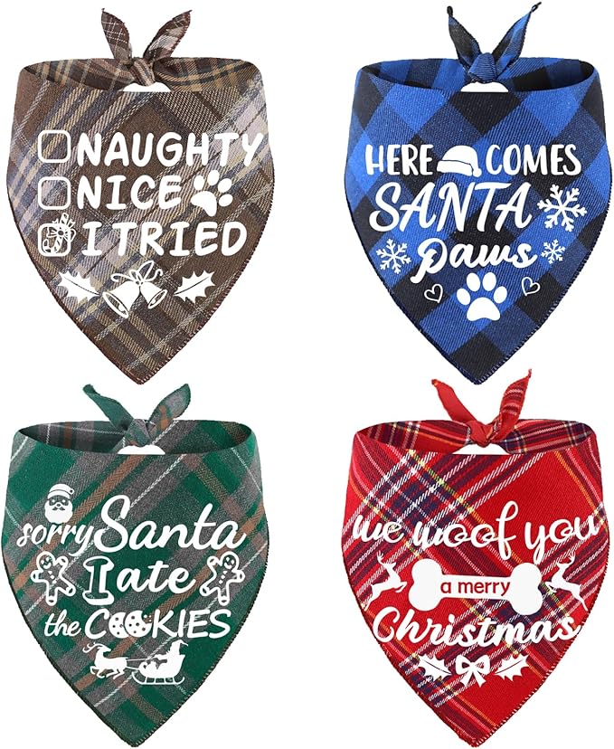 4 Pack Merry Christmas Dog Bandanas Classic Stylish Plaid Xmas Dogs Christma Bandana Pets Scarf Bibs Gift Set Dog Bandanas for Small Medium Large Puppy Pets