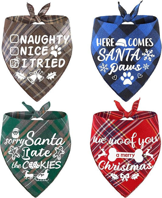 4 Pack Merry Christmas Dog Bandanas Classic Stylish Plaid Xmas Dogs Christma Bandana Pets Scarf Bibs Gift Set Dog Bandanas for Small Medium Large Puppy Pets