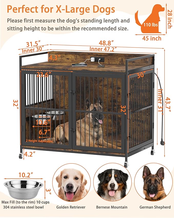 Piskyet 48" Large Dog Crate Furniture, Indoor Dog Kennel Furniture with 4 in 1 Charge Station, Heavy Duty Dog Crate Table with 360°Raised&Rotatable Feeder, Double Door Kennel with Wheels,Rustic Brown
