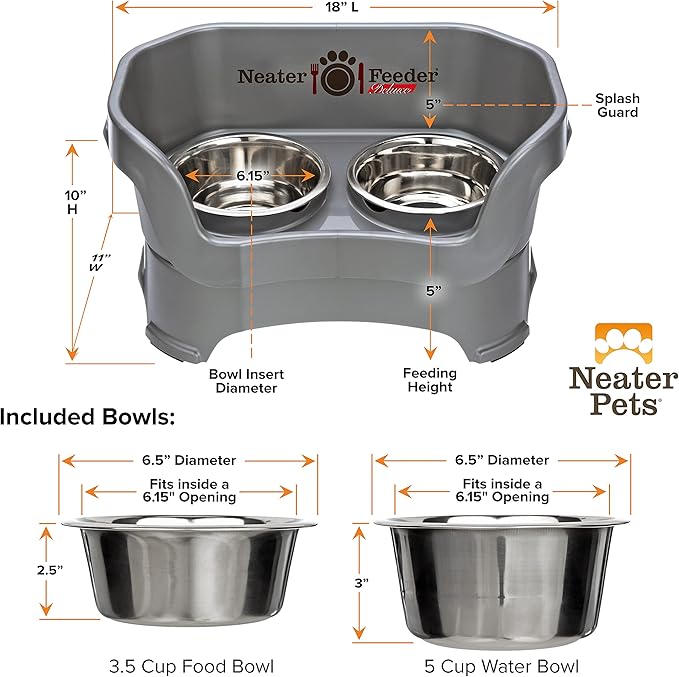 Neater Feeder Deluxe Mess Proof Dog Bowls Elevated Medium Sized Dog Breed – Made in USA – No Spill Raised Dog Food Bowl Stand – Stainless Steel Food and Water Bowl Set, Pet Feeding Station, Grey