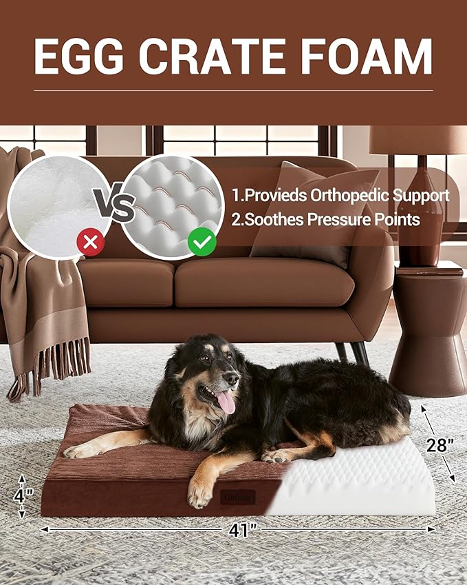 OhGeni 41 Inch Orthopedic Waterproof & Machine Washable Dog Bed with Egg Crate Foam Support, Non-Slip Bottom and Removable Pet Bed Cover for Extra Large, Large, Medium, Small Dogs (Brown)