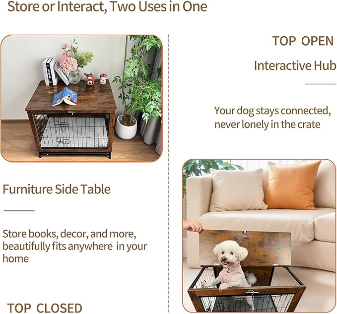 Dog Crate Furniture for Small Dogs, Decorative Wooden Dog Kennel Cage House Indoor for Puppy Pet with Tray Cushion Foldable Top, Storage Playpen, End Side Table,Small,25" L,Rustic Brown