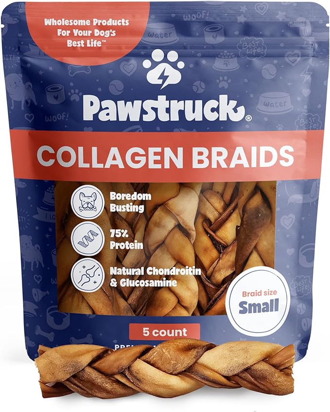 Pawstruck Natural 5-7” Beef Collagen Braids for Dogs - Healthy Long Lasting Alternative to Traditional Rawhide & Bully Sticks Chew Treats w/Chondroitin & Glucosamine - 5 Count - Packaging May Vary