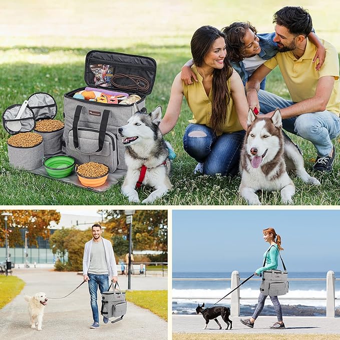 Modoker Dog Travel Organizer with 2 Collapsible Dog Bowls for Supplies & Accessories, Airline Approved Dog Tote Pet Travel Bag with 2 Travel Dog Food Container