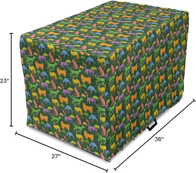 Ambesonne Dog Dog Crate Cover, Illustration of Various Colorful Animals Assorted Cartoon Style Pets, Easy to Use Pet Kennel Cover for Medium Large Dogs, 36 Inch, Hunter Green Multicolor