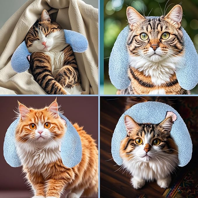 Lystaii Cat Pillow for Indoor Pet Cat Dog Calming Pillow Soft Fluffy Cat Bed Pillow Dog Neck Pillow Pet Toy Half Donut Anxiety Relief Pet Pillow with Cute Embroidery Pattern (Blue, Peaches)