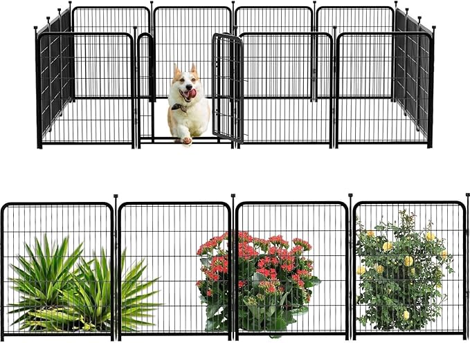 Dog Playpen 32 inch 16 Panels, Puppy Playpen Indoors, Dog Fence Outdoor for Yard, Wide Door Low Threshold Garden Fence for Medium/Large Pets. Black Dog Pens Total 35.4 Ft(L)
