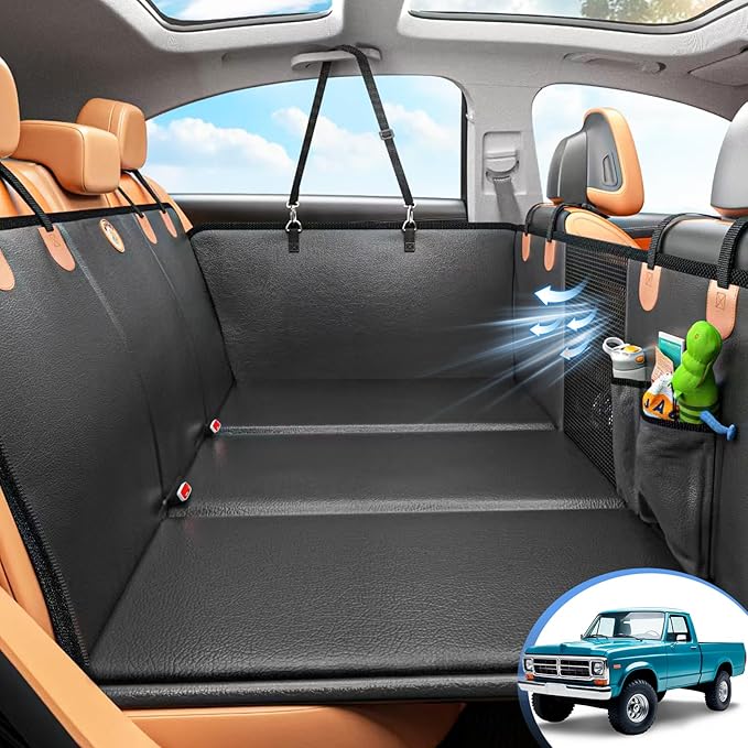 Back Seat Extender for Dogs - Hard Bottom Dog Car Seat Cover for Truck Back Seat, Dog Hammock for Car, Upgraded PU Leather Material, Larger Space, Holds 400lbs