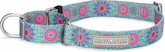 Lucky Love Dog, Boho Chic Martingale Dog Collar for Girl Boy Dogs, Premium No Slip Collar, Vivid Pink and Turquoise Martingale Collar for Dogs (Small, Clara Mart)