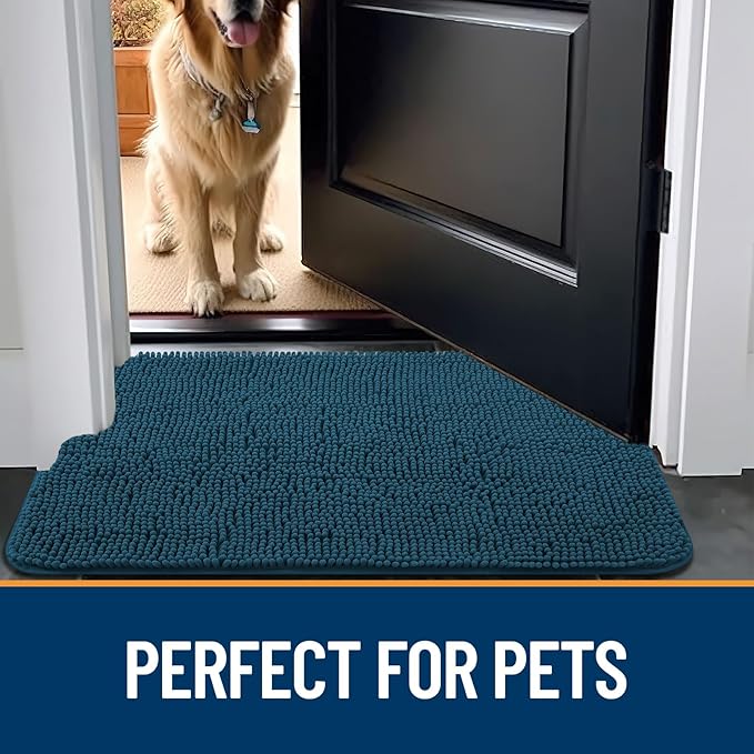 OLANLY Dog Door Mat for Muddy Paws 48x30, Absorbs Moisture and Dirt, Absorbent Non-Slip Washable Mat, Quick Dry Chenille, Mud Mat for Dogs, Entry Indoor Door Mat for Inside Floor, Atlantic Blue
