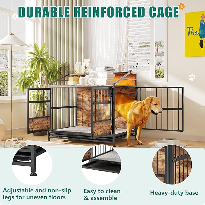 Dog Crate Furniture with Led Lights,Heavy Duty Wooden Dog Kennel with Double Doors,Dog House Indoor for Small Medium Dogs,End Table with Shelves,Black and Brown(34.65" L×24.02W×31.5" H)