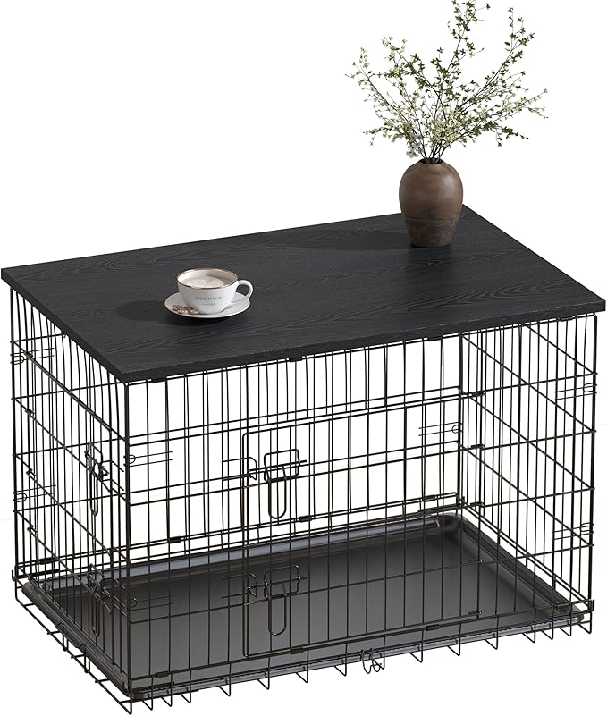 Piskyet Dog Crate Topper Wood Countertop for 48 42 36 30 24 inch Dog Cage, Dog Crate Cover,Dog Kennel Topper(Crate Not Include) (Black, for 30 Inch Crate)