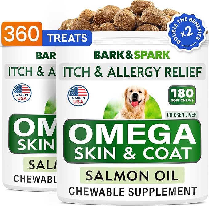 BARK&Spark (Pack of 2) Omega 3 for Dogs - 360 Fish Oil Chews for Dog Shedding, Skin Allergy, Itch Relief, Hot Spots Treatment - Joint Health - Skin & Coat Supplement - EPA&DHA Fatty Acids
