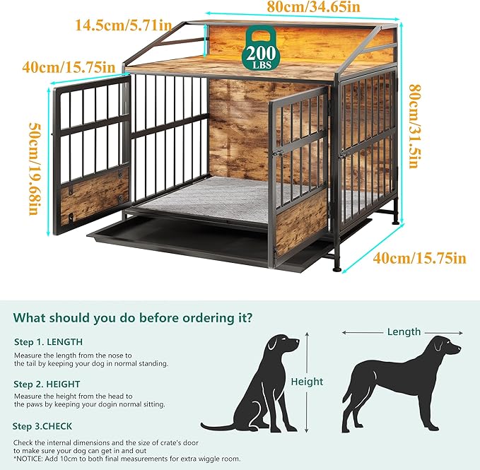 Dog Crate Furniture with Led Lights,Heavy Duty Wooden Dog Kennel with Double Doors,Dog House Indoor for Small Medium Dogs,End Table with Shelves,Black and Brown(34.65" L×24.02W×31.5" H)