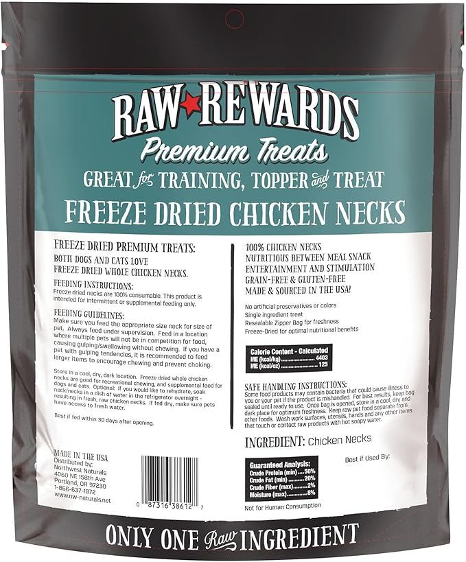Northwest Naturals Raw Rewards Freeze-Dried Chicken Neck Treats for Dogs and Cats - Whole Neck - Healthy, 1 Ingredient, Human Grade Pet Food, All Natural - 4 Oz