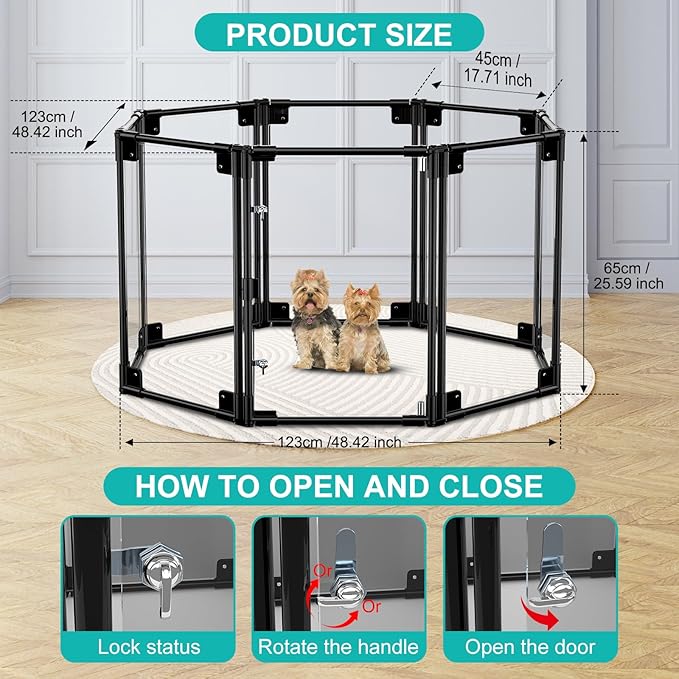 Clear Acrylic Dog Playpen with Door | 35x35x25 Inch Adjustable Pet Playpen | Instant Setup Indoor Dog Pen for Small/Medium Dogs | Hexagon, Octagon Configurations (Black, 8)