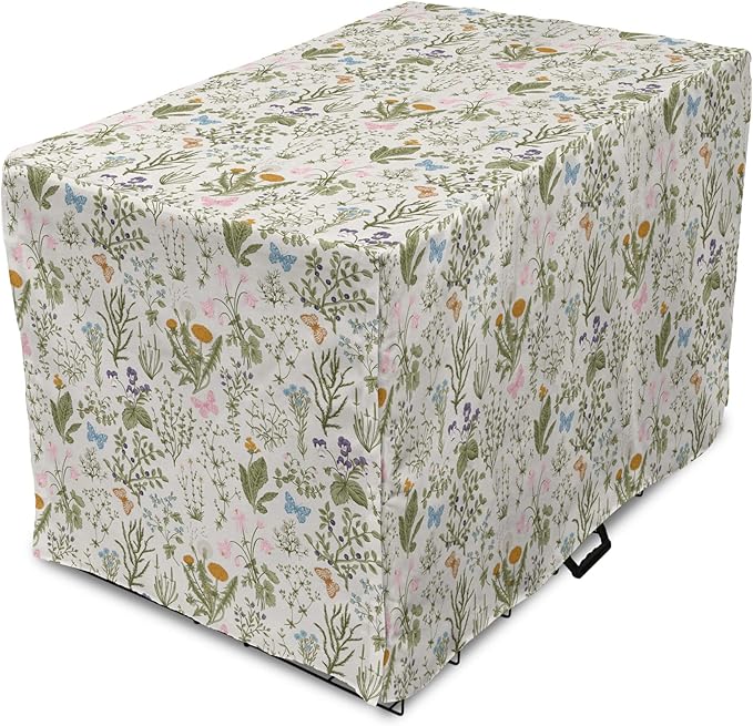 Ambesonne Floral Dog Crate Cover, Vintage Garden Plants Herbs Flowers Botanical Classic Design Art, Easy to Use Pet Kennel Cover for Cats & Medium Dogs, 30 Inch, Pink Blue