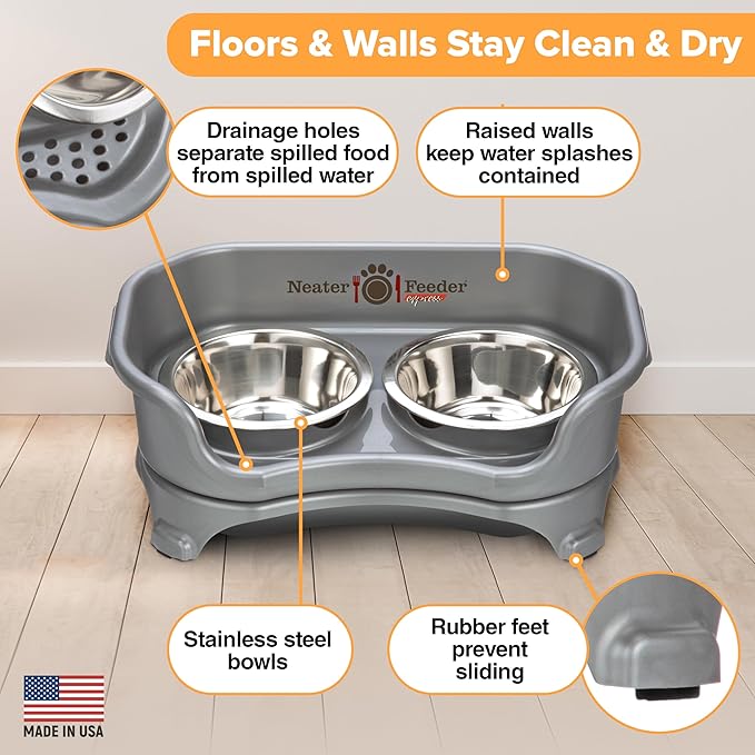 Neater Feeder Express Mess Proof Cat Bowls Elevated, No Spill Feeding Station, Stainless Steel Dishes for Food and Water, Raised Bowls for Indoor Cats, No Fatigue Whisker Friendly Dish, Grey