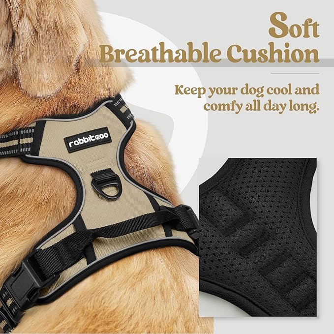 rabbitgoo Dog Harness, No-Pull Pet Harness with 2 Leash Clips, Adjustable Soft Padded Dog Vest, Reflective No-Choke Pet Oxford Vest with Easy Control Handle for Large Dogs, Beige, XL