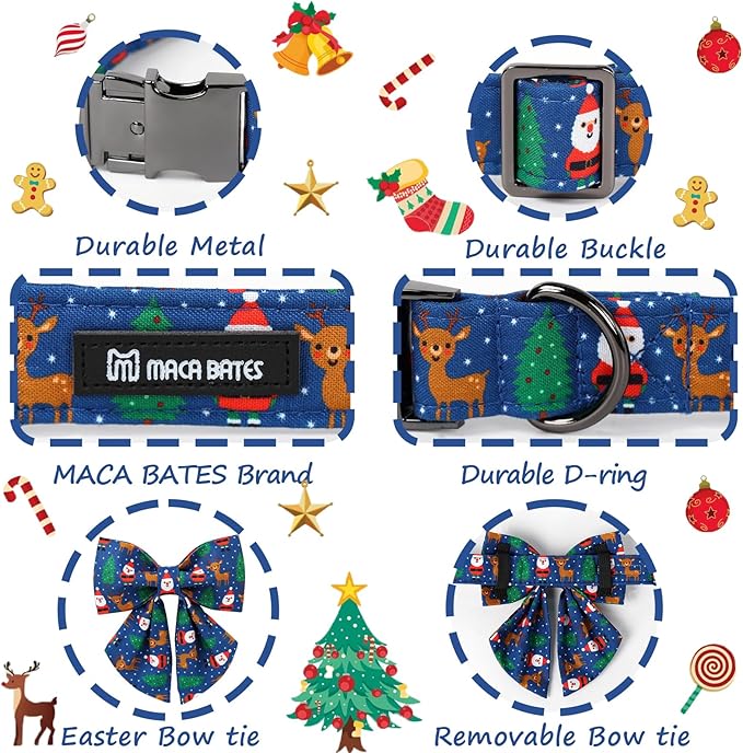Maca Bates Christmas Elk Dog Collar with Bow Bowtie for Dogs Sailor Bow Tie Adjustable Breakaway Blue Collars Accessories Gift for Small Medium Large XL Puppy with Golden Metal Buckle