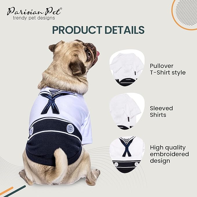 Parisian Pet Blue & White Sailor Dog Shirt - Embroidered Cotton & Polyester Costume - Large Sleeved Dog Clothes