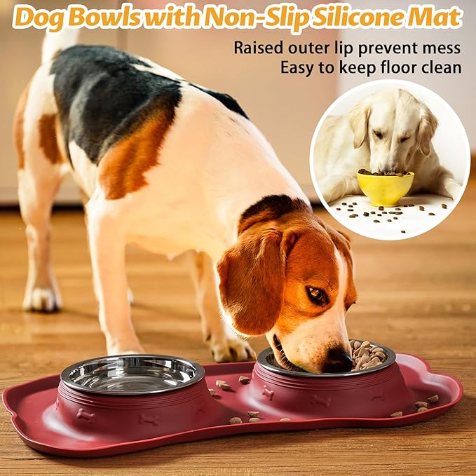 Hubulk Pet Dog Bowls 2 Stainless Steel Dog Bowl with No Spill Non-Skid Silicone Mat + Pet Food Scoop Water and Food Feeder Bowls for Feeding Small Medium Large Dogs Cats Puppies (Large, Burgundy)