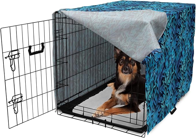 Lunarable Leaf Print Dog Crate Cover, Watercolor Hawaiian Inspired Nature Exotic Silhouettes on Dark Back, Easy to Use Pet Kennel Cover for Medium Large Dogs, 36 Inch, Violet Blue Turquoise