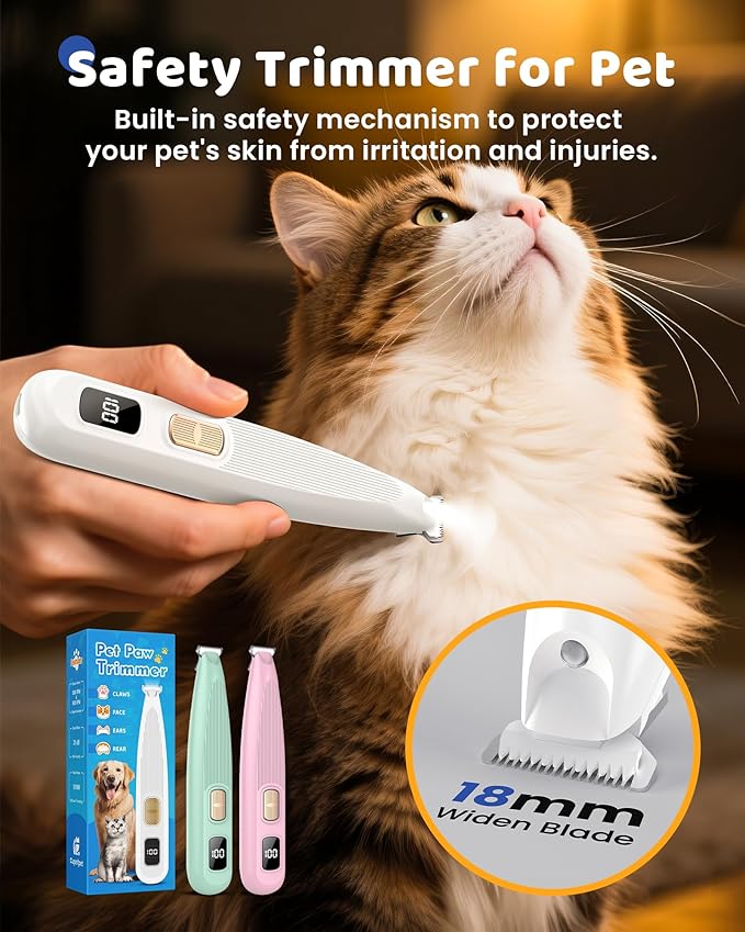 Dog Paw Trimmer with LED Light, 35dB Low Noise Precision Pet Paw Trimmer for Dogs Cats Grooming Clippers, 2 Speed Safety Electric Paw Hair Trimmer for Paws, Ears, Rump, Face, Eyes (White)